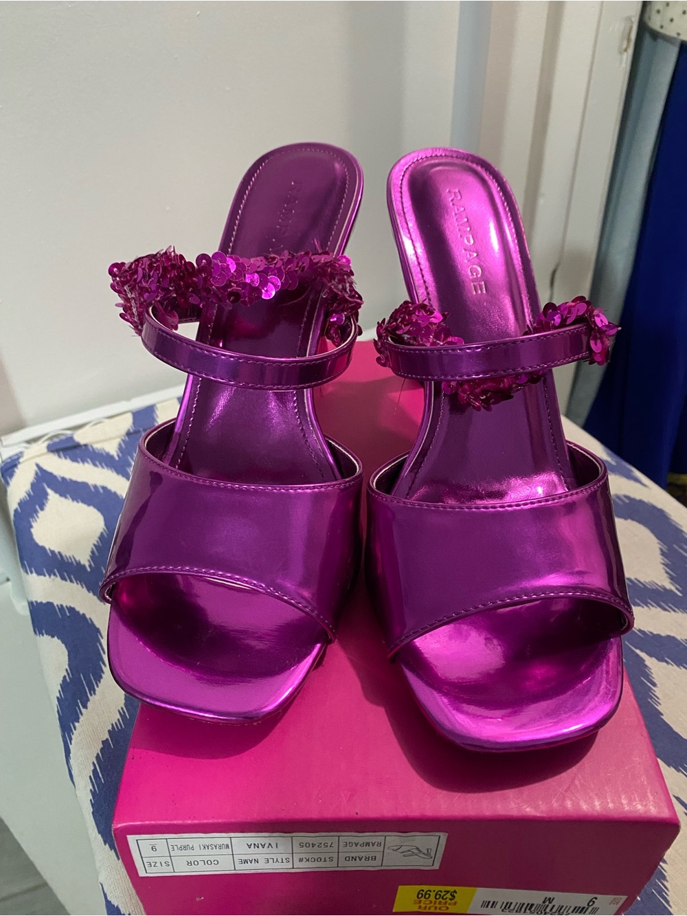 Rampage Metallic Fuchsia Slide Heels with Sequin Strap